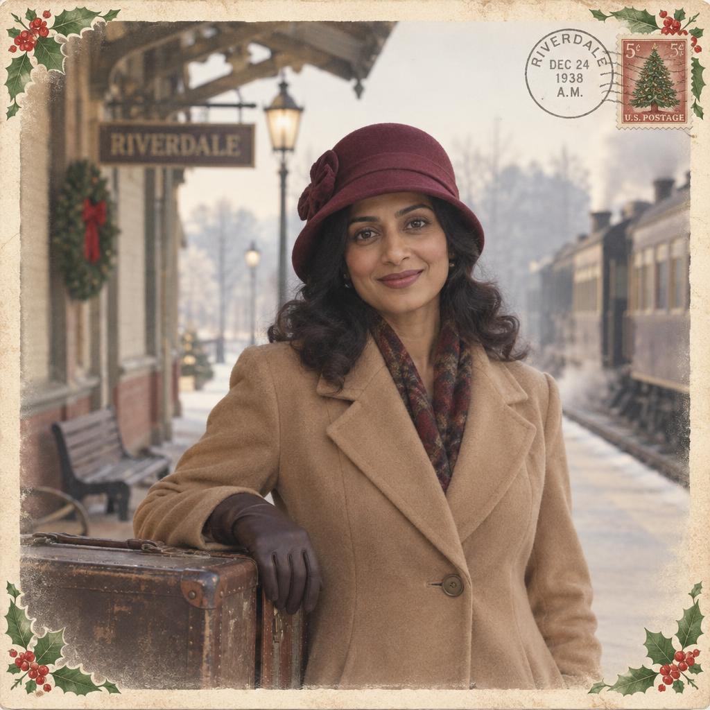 Vintage Postcard-Style Portrait: A single person faces the camera on a quiet vintage railway platform, one gloved hand resting on a weathered suitcase.