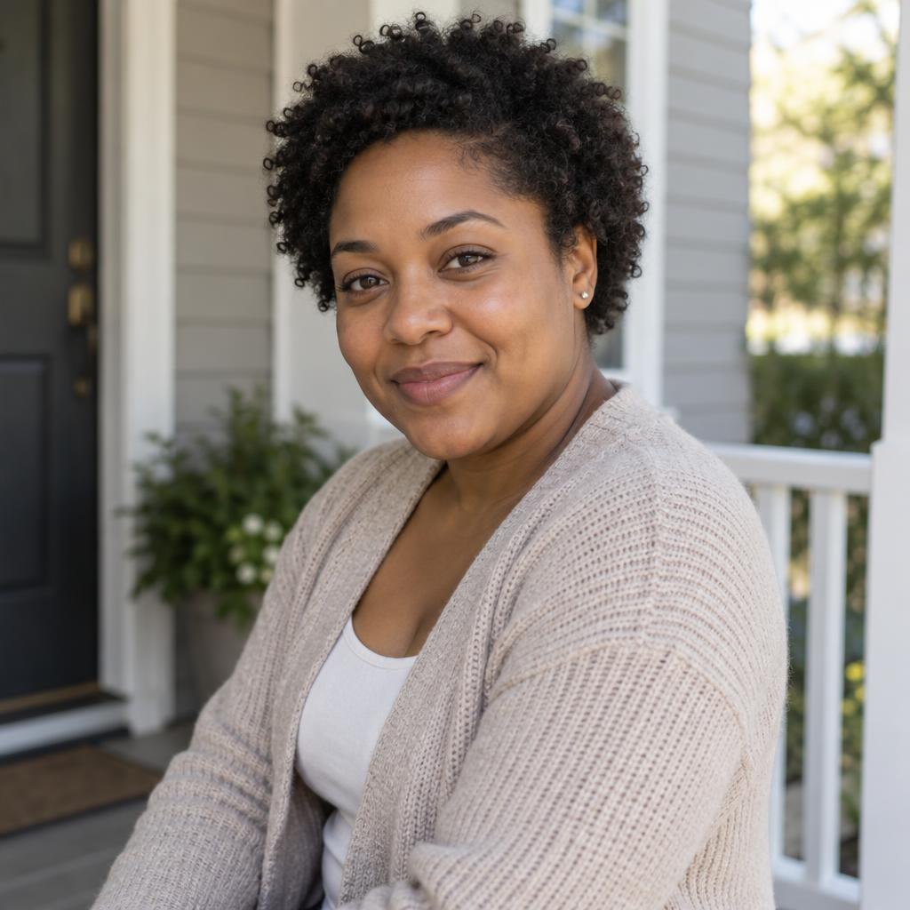 Warm Neighborly Character: Natural acting headshot on a modest front porch.