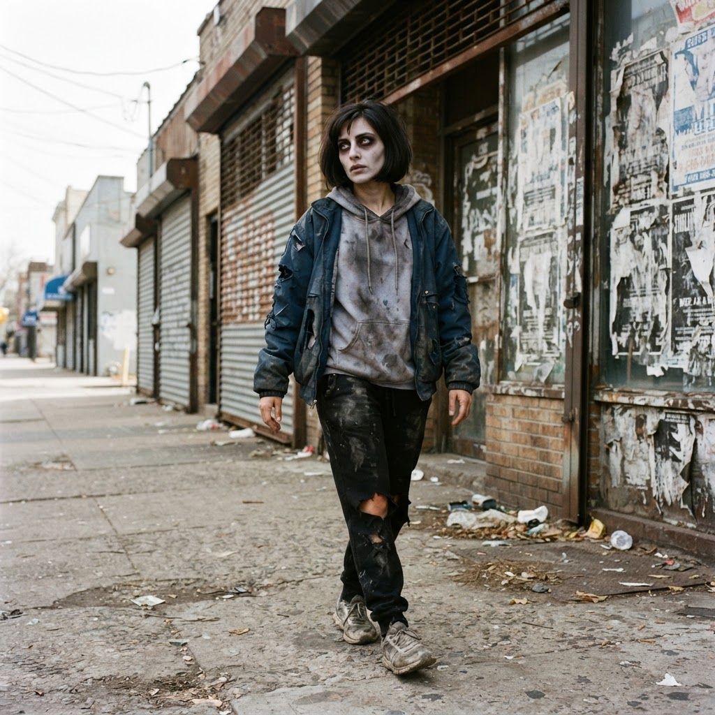 Daylight Zombie in Torn Streetwear: Full-length three-quarter view outside a shuttered neighborhood storefront, its peeling posters adding daytime grit.