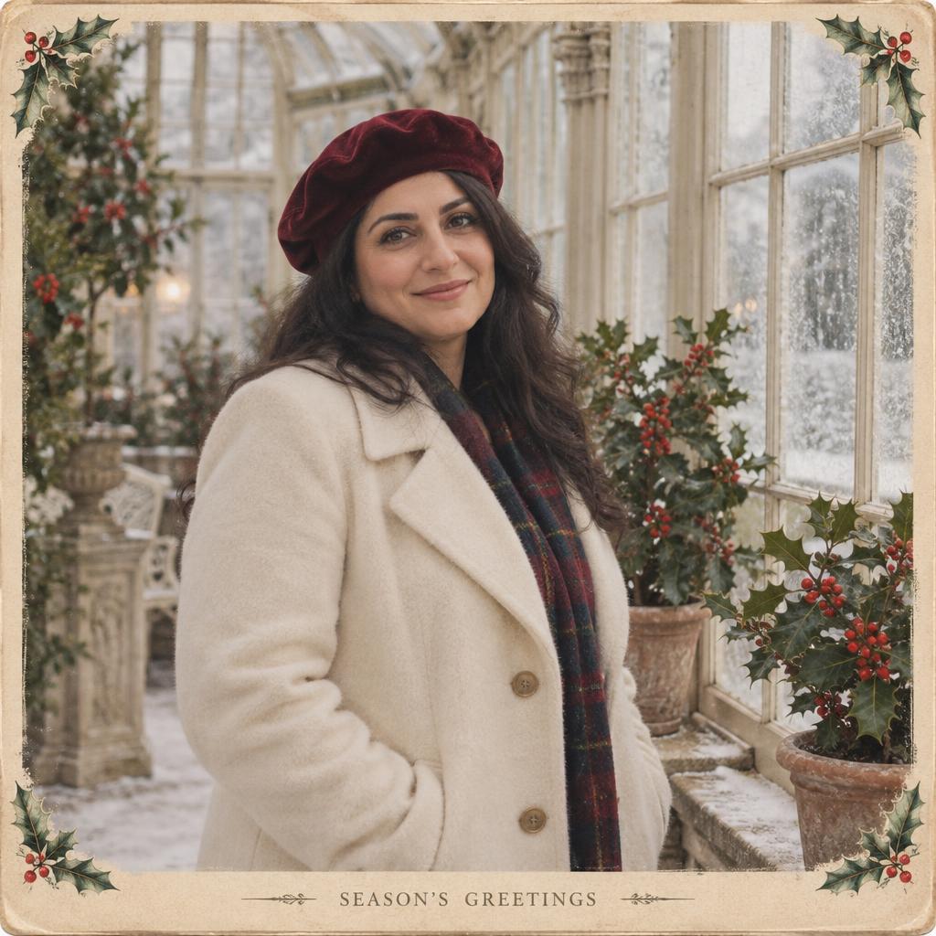 Vintage Postcard-Style Portrait: A single person stands beside frost-touched glass in a historic conservatory, surrounded by potted holly rather than a crowded display.