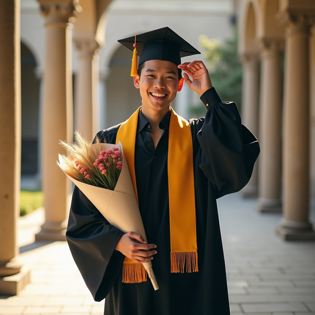 AI-generated photo: Professional fashion portrait photography, a smile-and-laugh graduation portrait featuring a relaxed...