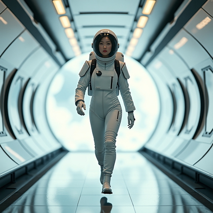 AI-generated photo: Cinematic photorealistic sci-fi portrait photography. Inside a sleek moon base transit corridor with...