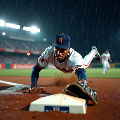 AI-generated photo: Photorealistic professional sports action photo of a solo headfirst dive back to first base in a soa...