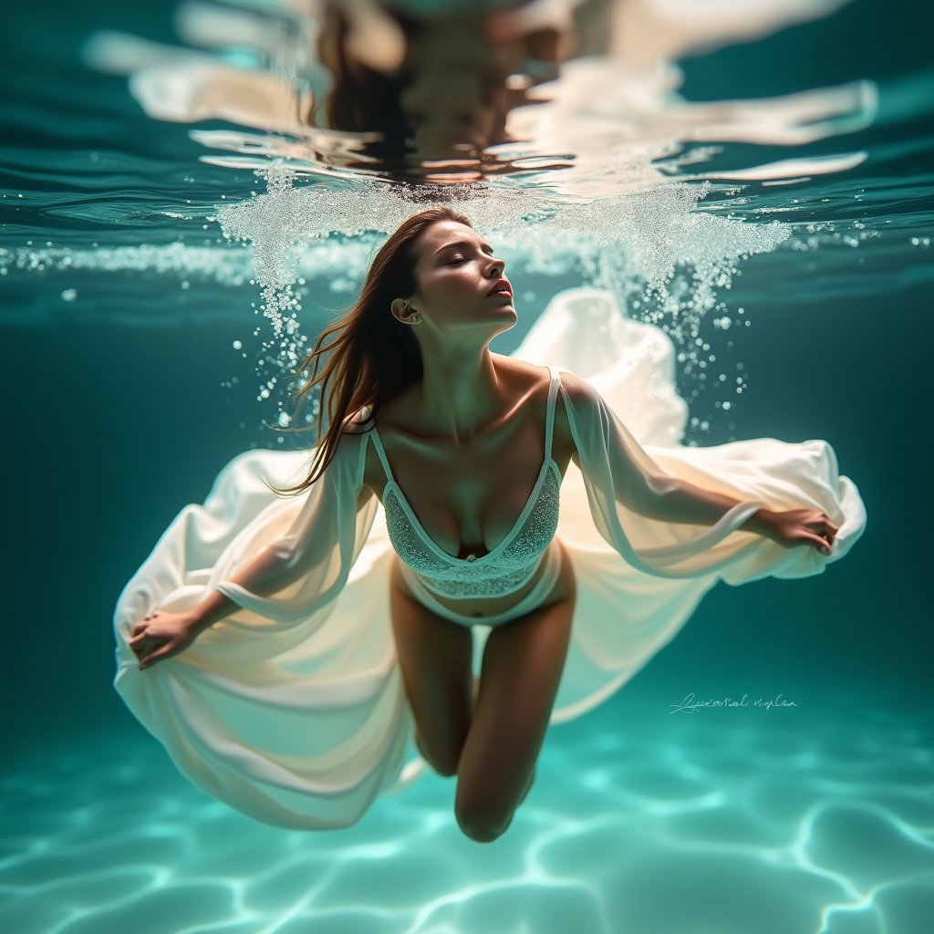 AI-generated photo: Photorealistic underwater luxury swimwear and dating-portrait photography. A subject floats in a dra...