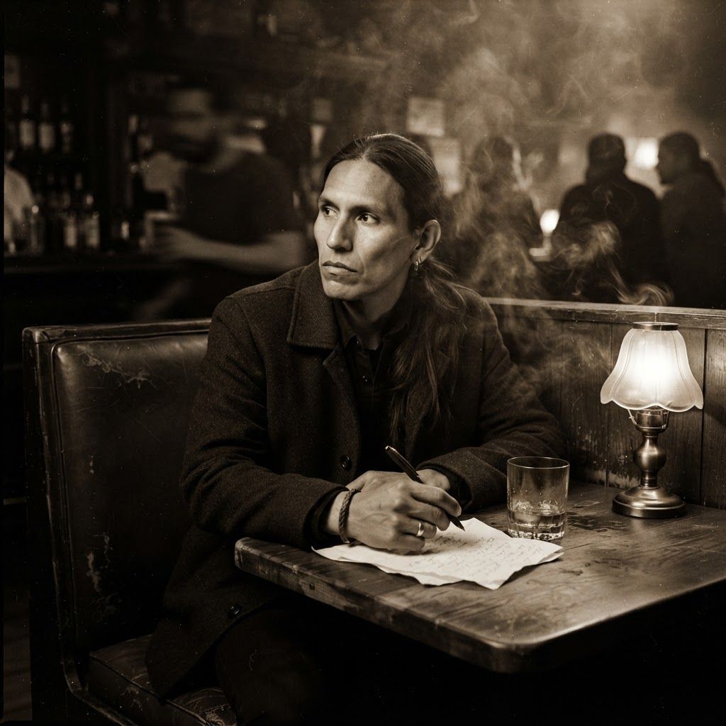 Smoky Bar Booth: Sepia-toned smoky bar booth portrait with a vintage crime-drama feel.