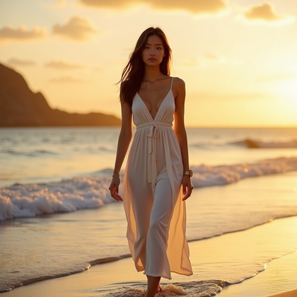 Golden Hour Beach Walk Photo example: Dating profile photo. Full-body golden hour walking pose at the waterline, the subject stepping through shallow reflecti