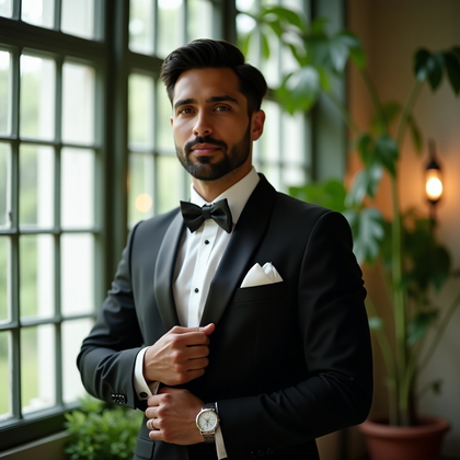 AI-generated photo: Photorealistic wedding head-and-shoulders portrait in a Victorian conservatory where a ribbed-glass ...