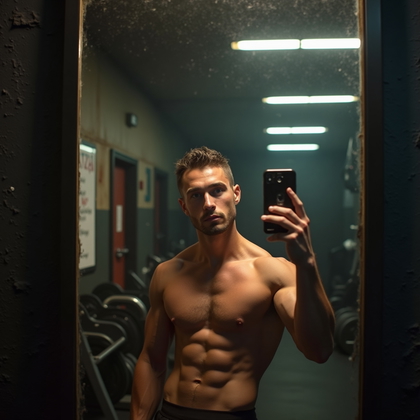 AI-generated photo: Photorealistic fitness photography of a waist-up post-set mirror selfie in a gritty old-school iron ...