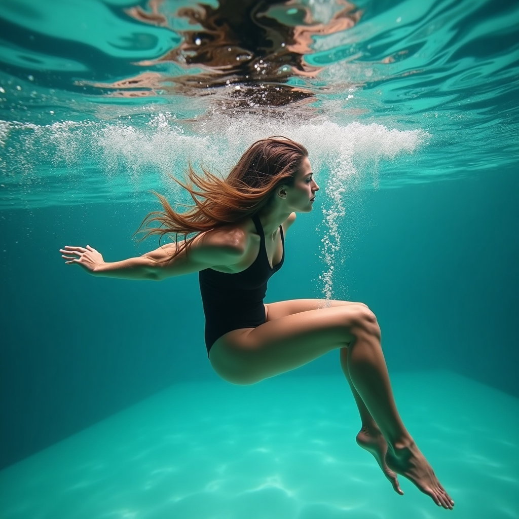 AI-generated photo: Photorealistic underwater fashion photography. A swimmer twists in a dynamic mid-water turn, body ar...