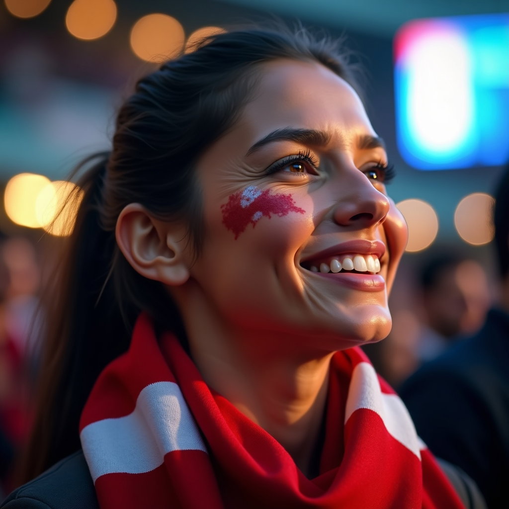 Natural Fan Portraits That Avoid Forced Poses example: Photorealistic close-up sports fan portrait photography. Tight close-up of a single fan in an unbranded national-team-in