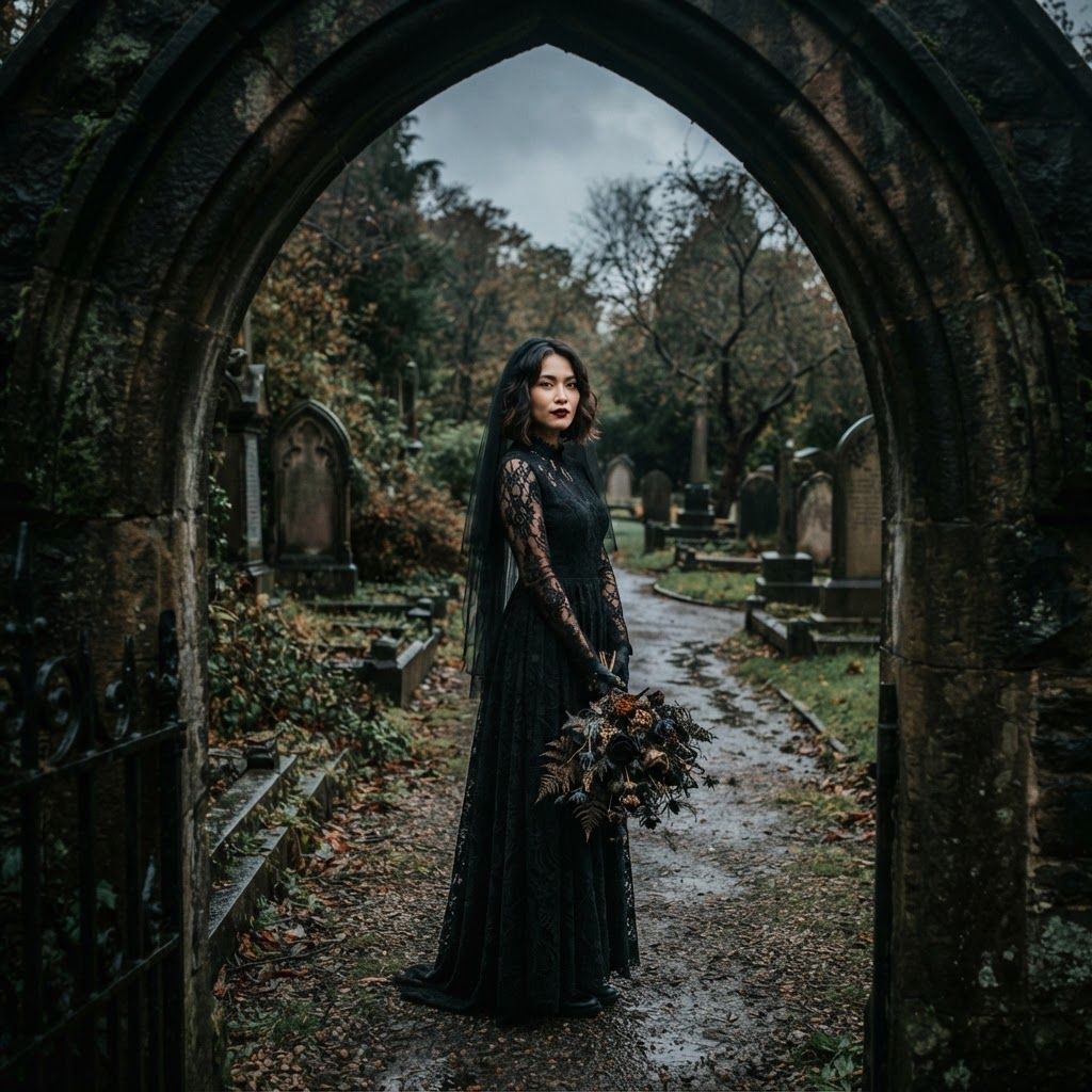 Gothic Bride Beneath a Cemetery Arch: Frame a gothic bride through the opening of a rain-darkened cemetery arch as she stands still on the path beyond it.
