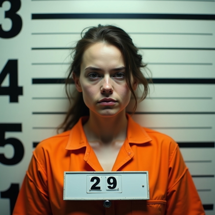 AI-generated photo: Photorealistic intake photo in a correctional facility, subject wearing a standard orange jumpsuit s...