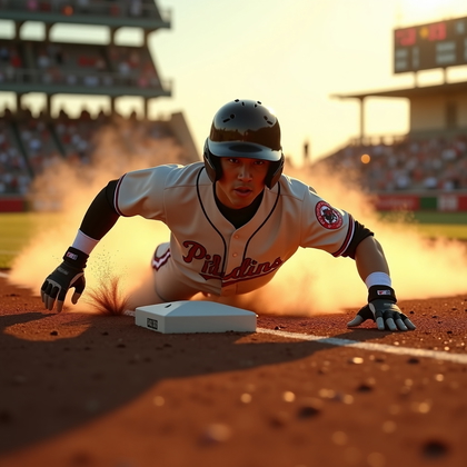 AI-generated photo: Photorealistic professional sports action photo at golden hour capturing a solo headfirst slide into...