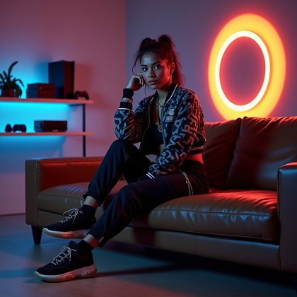 AI-generated photo: Photorealistic fashion portrait photography, three-quarter view of an edgy gamer posed on the edge o...