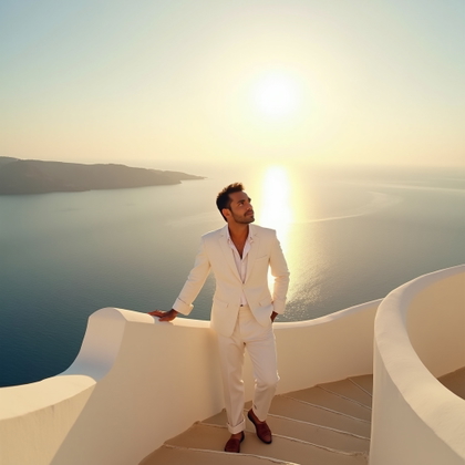 Sunlit Seaside Promenade Portraits example: Photorealistic vacation portrait. Editorial hero image with the subject posed on a grand curved promenade staircase over