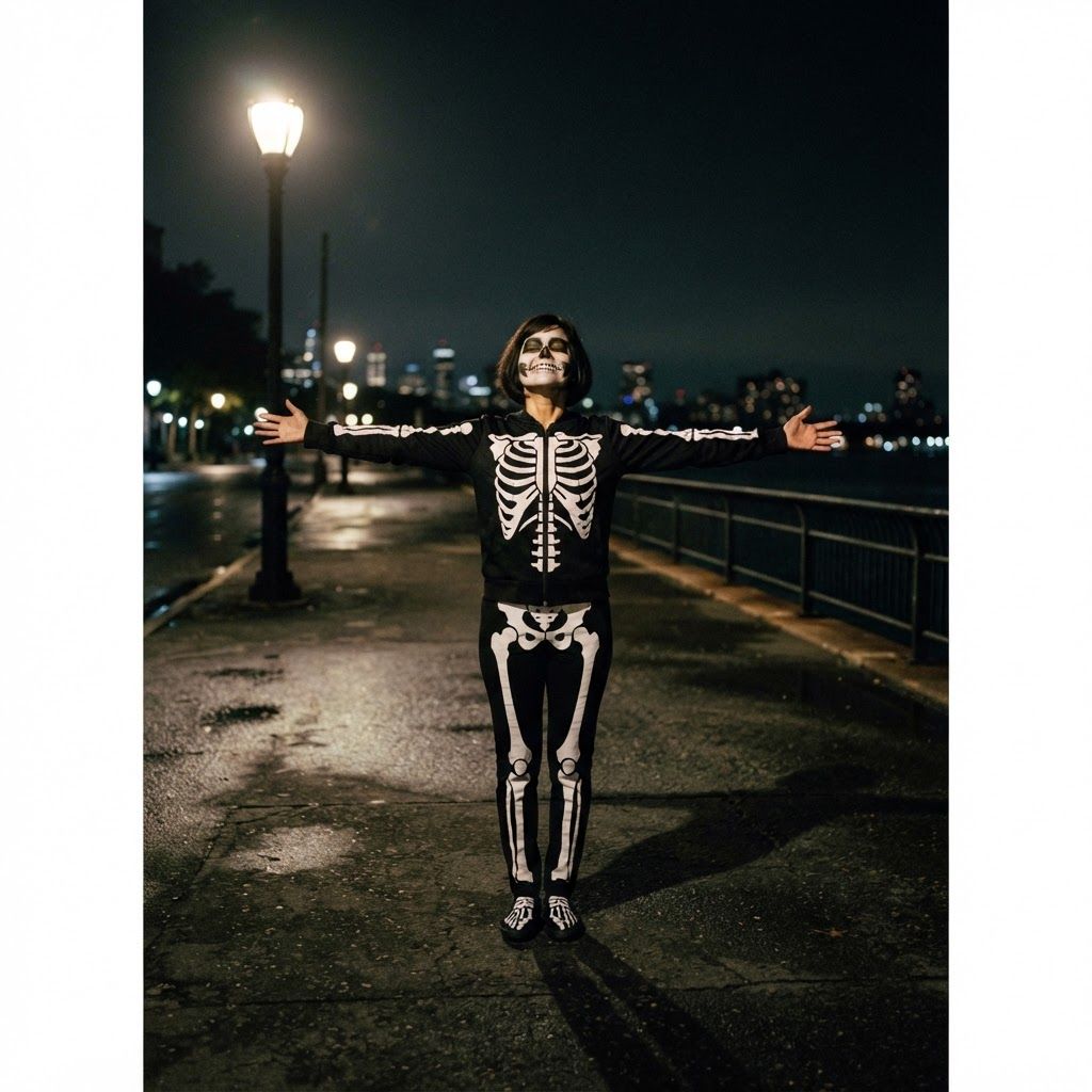 Skeleton Under a Streetlight: Wide, head-to-toe costume image on a deserted waterfront street at night.