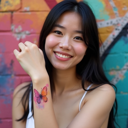 AI-generated photo: Photorealistic photography depicting a woman standing in front of a vibrant city mural, her arm rais...