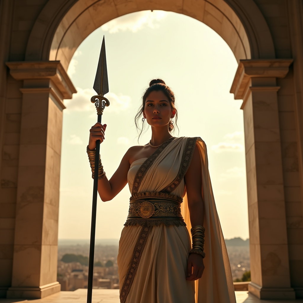 Solo Sunlit Marble Demigod Headshot example: Photorealistic Greek myth hero portrait photography. Editorial hero image framed from the waist up, with the subject cen