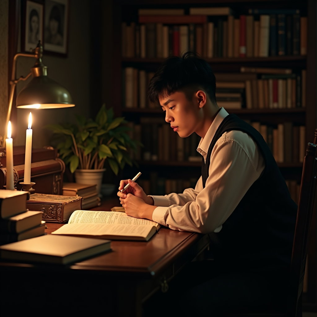 Candlelit Desk: Quiet late-night study portrait at a cluttered antique desk, seated three-quarters with the subject leaning back slightly from a dense page…