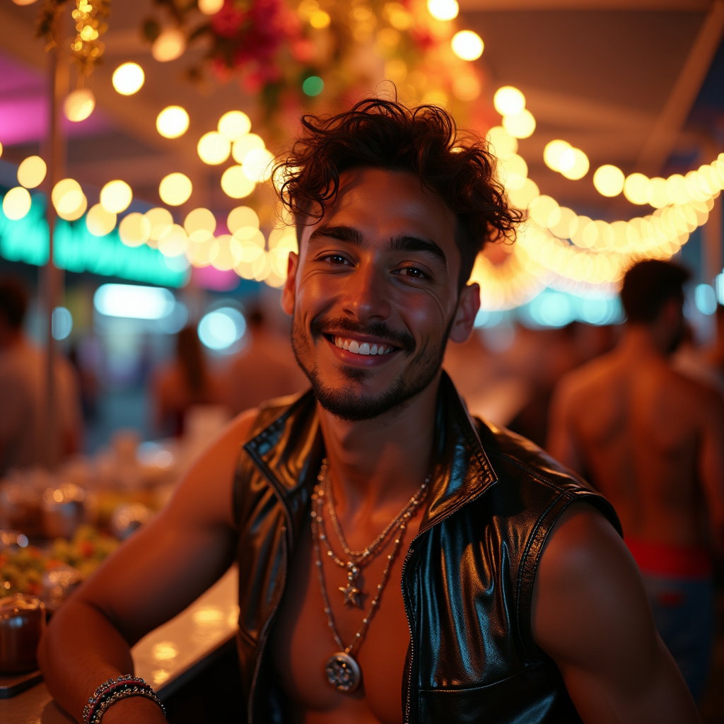 Glitter-and-Gems Beauty Close-Up example: Photorealistic environmental festival portrait, the subject framed among glowing vendor lights and reflective streamers,