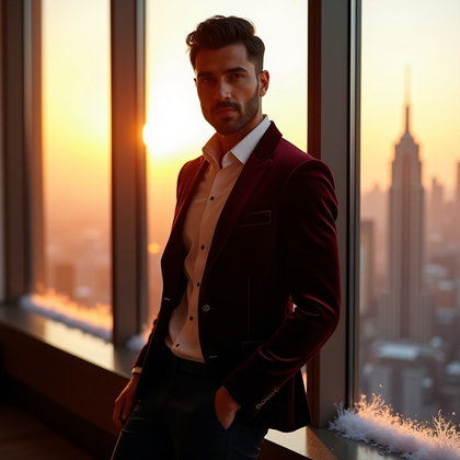 AI-generated photo: Photorealistic dating profile photo in a high-rise hotel at sunrise, the panoramic window edged with...