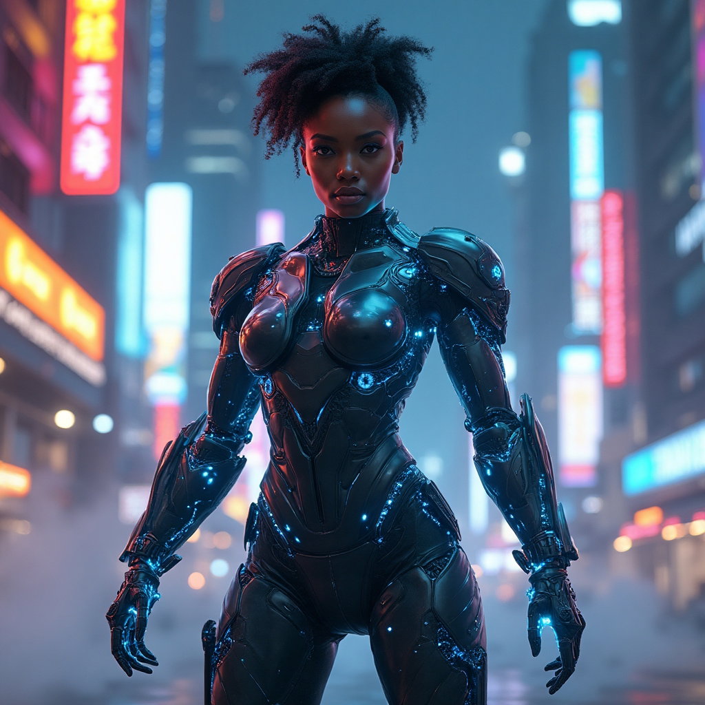AI-generated photo: High-Impact Hero photo of a character dressed as a futuristic cybernetic soldier. The attire consist...