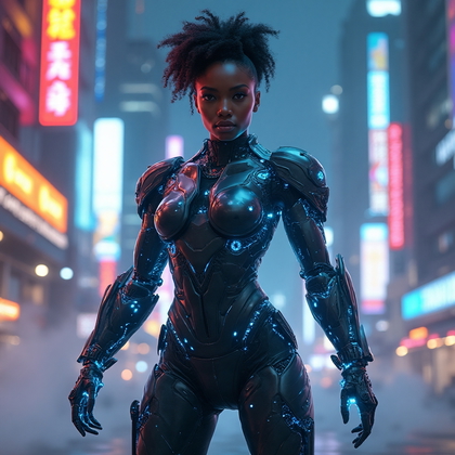 AI-generated photo: High-Impact Hero photo of a character dressed as a futuristic cybernetic soldier. The attire consist...