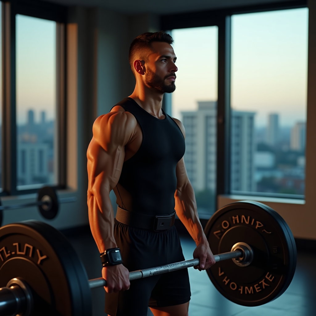 AI-generated photo: Photorealistic fitness photography in a quiet, high-end hotel gym at dawn with floor-to-ceiling wind...