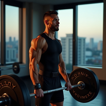 AI-generated photo: Photorealistic fitness photography in a quiet, high-end hotel gym at dawn with floor-to-ceiling wind...