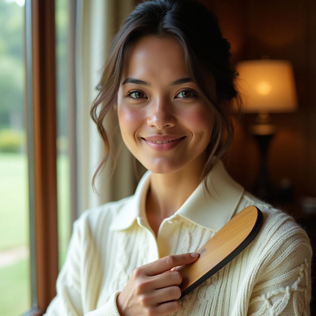 Off-Court Clubhouse Tenniscore Portraits example: Photorealistic portrait photography. Close-up clubhouse portrait with the subject facing the viewer, relaxed confident e
