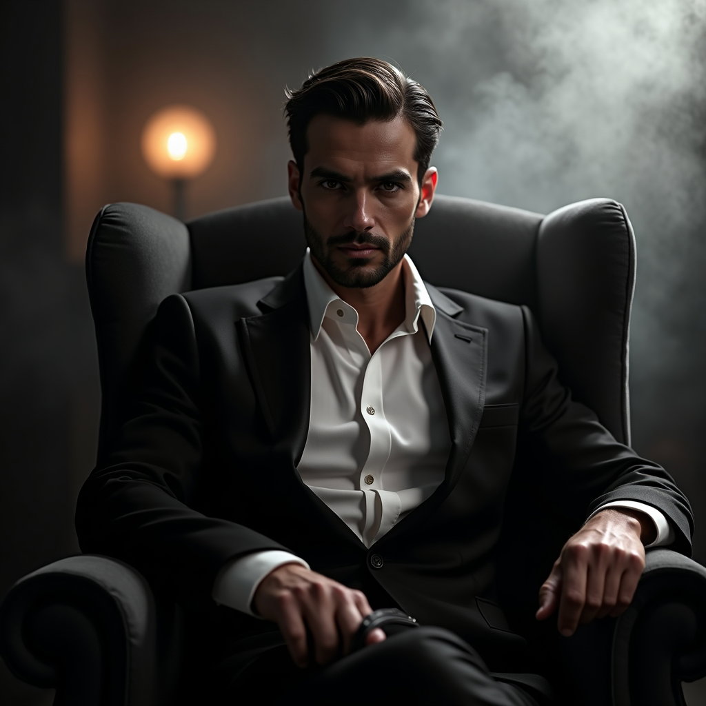 AI-generated photo: Photorealistic studio portrait evoking a smoky supper club, with the subject seated in a low velvet ...