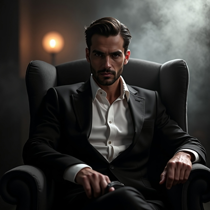 AI-generated photo: Photorealistic studio portrait evoking a smoky supper club, with the subject seated in a low velvet ...