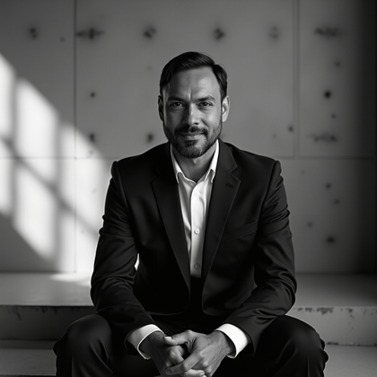 Black-and-white professional headshot photograph. Creative executive portrait against a minimalist concrete wall with bold diagonal architectural shadows, the subject seated slightly forward with hands lightly clasped below the frame and the face clearly visible. Use sophisticated business styling, dramatic but flattering contrast, calm authoritative expression, uncluttered composition, and a premium editorial monochrome finish.