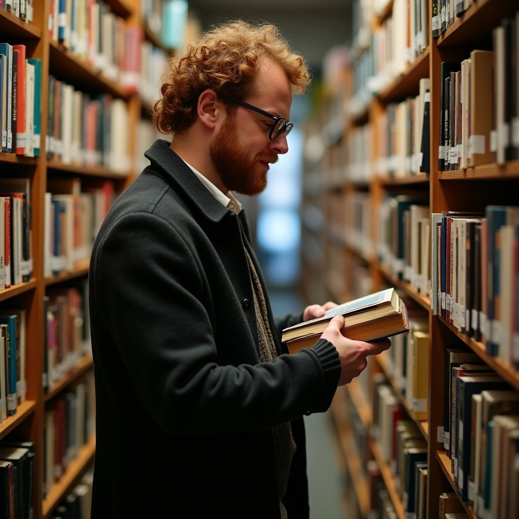 Bookstore Browse: Mid-shot side profile of one visible person standing in a very narrow bookshop passage, balancing a small stack of finds in one arm while…