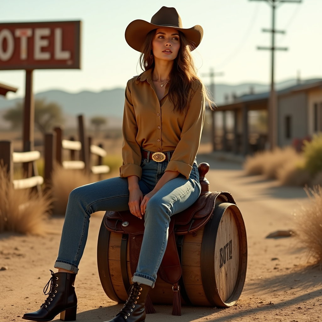 AI-generated photo: Editorial photography, a fashion-forward seated saddle-style pose in a desert roadside western set f...