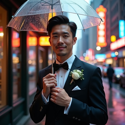 AI-generated photo: Photorealistic wedding photography on a rain-slick city sidewalk beneath a clear umbrella, marquee n...
