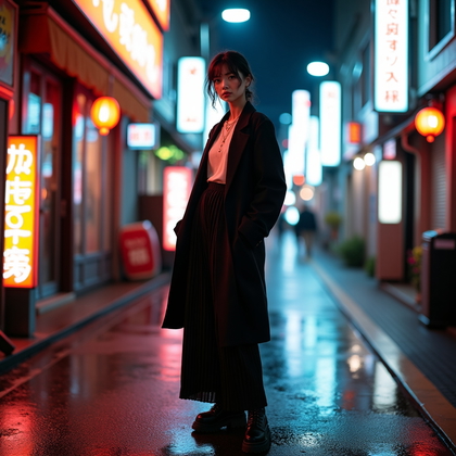 AI-generated photo: Fashion editorial street photography, a Tokyo-inspired street style portrait on a neon-lit side stre...
