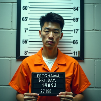 AI-generated photo: Photorealistic prison booking-room portrait, subject in an orange jumpsuit standing in front of a wh...