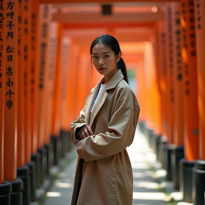 AI-generated photo: Photorealistic fashion portrait photography. A respectful shrine pathway portrait framed by repeatin...