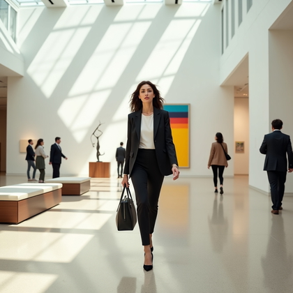 AI-generated photo: Photorealistic lifestyle editorial photography: airy contemporary art museum atrium with white walls...