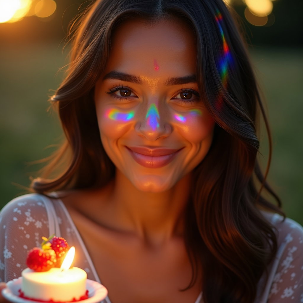 Golden Hour Outdoor Birthday Photos example: Photorealistic portrait photography. Creative outdoor birthday portrait using translucent iridescent gift wrap or a pris
