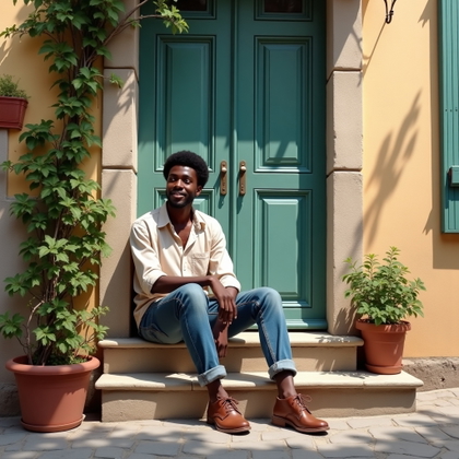 Old Town Alley Portraits With Pastel Walls and Stone Streets example: Photorealistic travel portrait photography, environmental portrait seated on worn stone steps outside a pastel doorway,