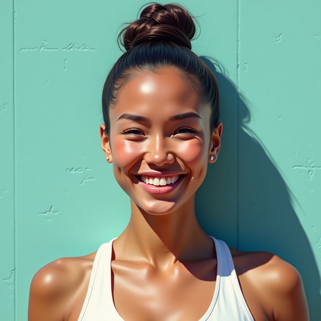 Confident Racket-Over-Shoulder Hero Portraits example: Photorealistic profile avatar portrait photography. Create a clean square crop with the subject’s face centered, racket