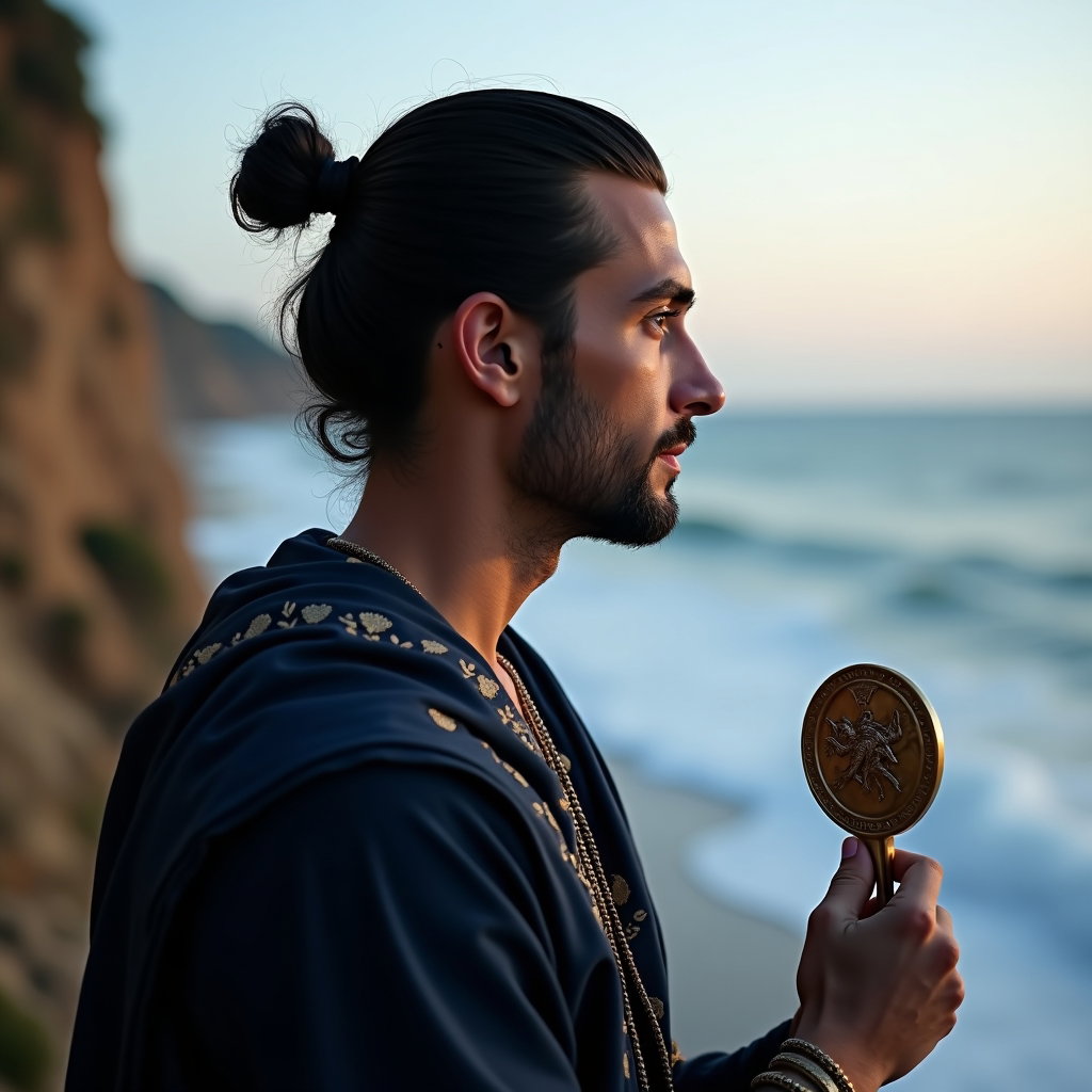 Solo Perseus Sea-Cliff Victory Portrait example: Mythic avatar portrait photography, tight Perseus-inspired profile crop at a seaside cliff shrine, with the face clearly