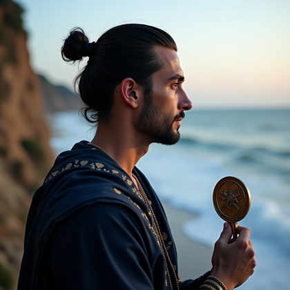 Solo Perseus Sea-Cliff Victory Portrait example: Mythic avatar portrait photography, tight Perseus-inspired profile crop at a seaside cliff shrine, with the face clearly