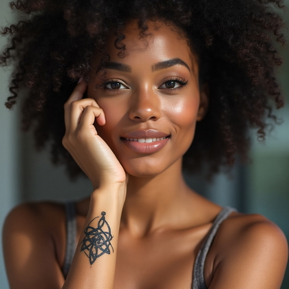 AI-generated photo: Photorealistic photography of a woman with a delicate Celtic knot tattoo adorning her wrist, extendi...
