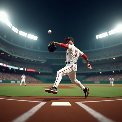 AI-generated photo: Photorealistic professional sports action photograph: under stadium lights, the shortstop executes a...
