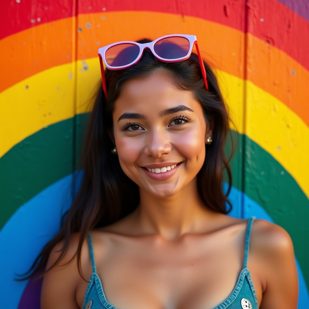 Solo Pride Parade Street Portraits example: Photorealistic profile portrait photography. Clean avatar-style crop of a solo subject centered against a vibrant rainbo