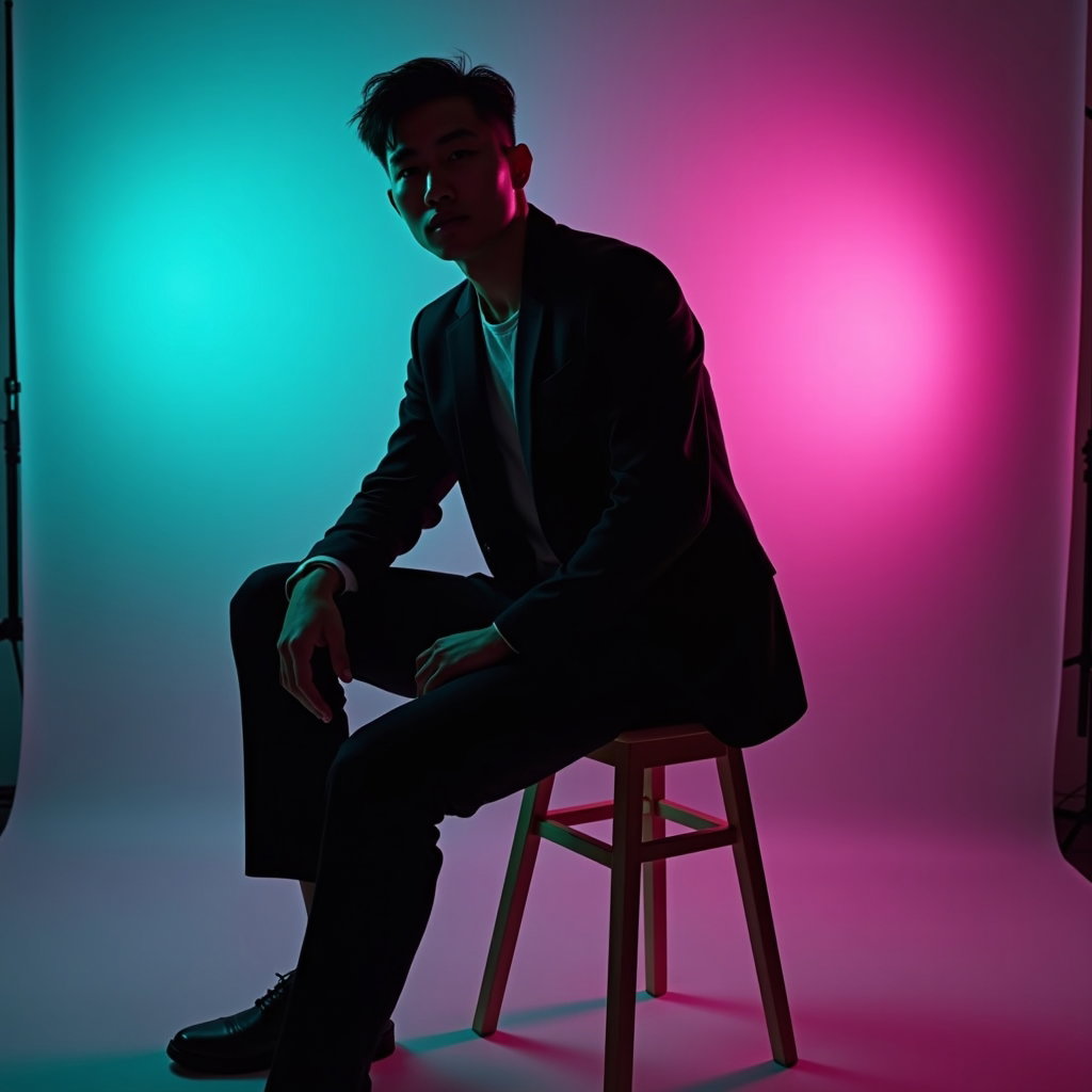 AI-generated photo: Photorealistic studio portrait photography. Dynamic mid-length semi-silhouette portrait with the sub...