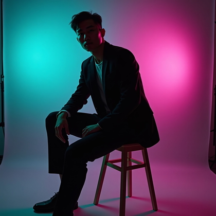 AI-generated photo: Photorealistic studio portrait photography. Dynamic mid-length semi-silhouette portrait with the sub...